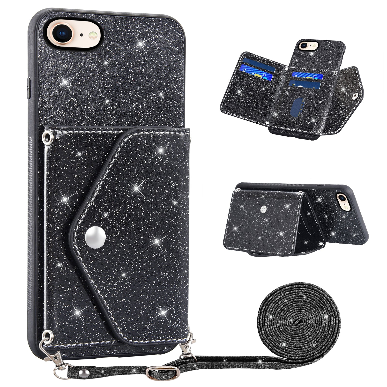 Til iPhone 7/8/SE Kickstand telefonetui PU læder TPU glitrende pulvercover med kortholder Til iPhone 7/8/SE Kickstand telefonetui PU læder TPU glitrende pulvercover med kortholder